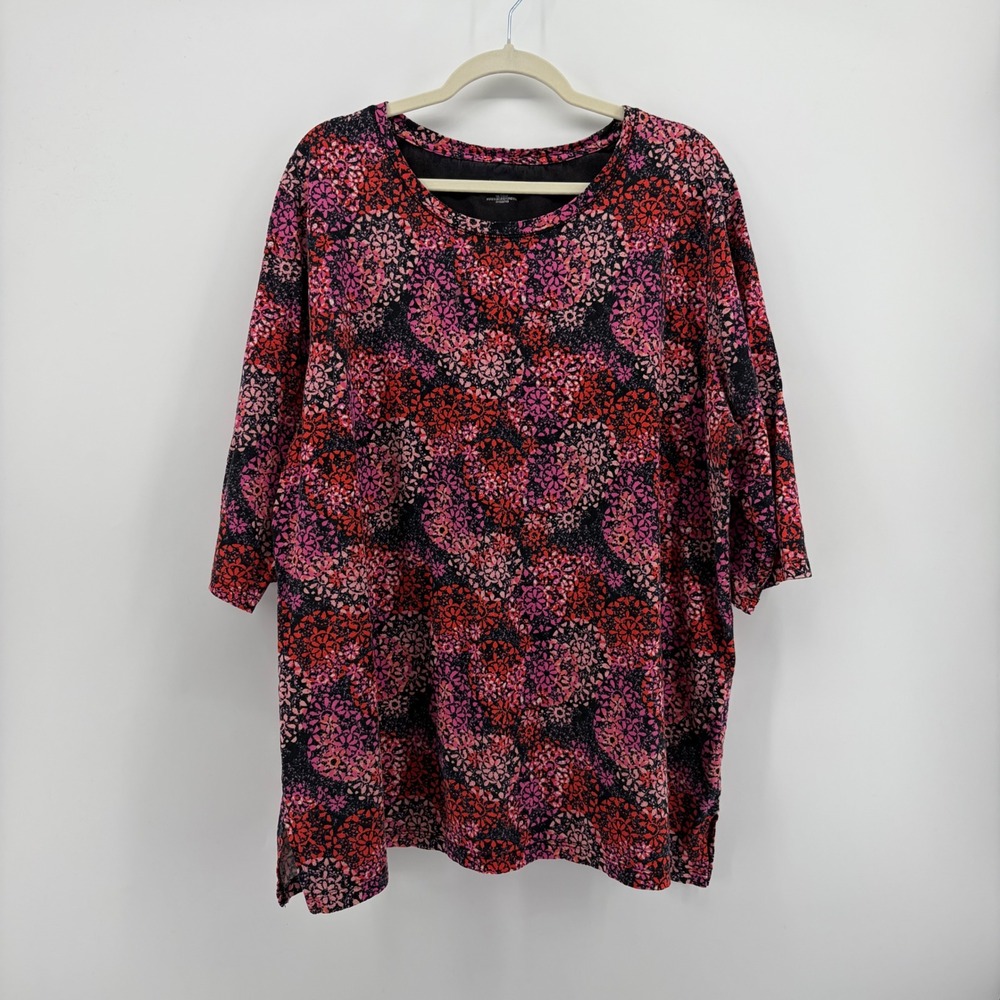 Catherines Womens 1X Red Pink Floral Medallion Cotton Scoop Neck Elbow Top